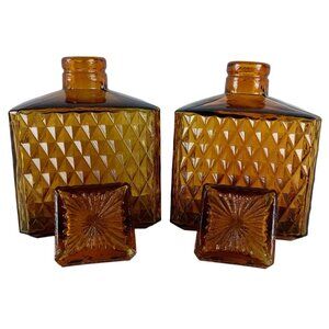 Indiana Glass Amber Square Diamond Point Pair Of Decanters Vintage Barware